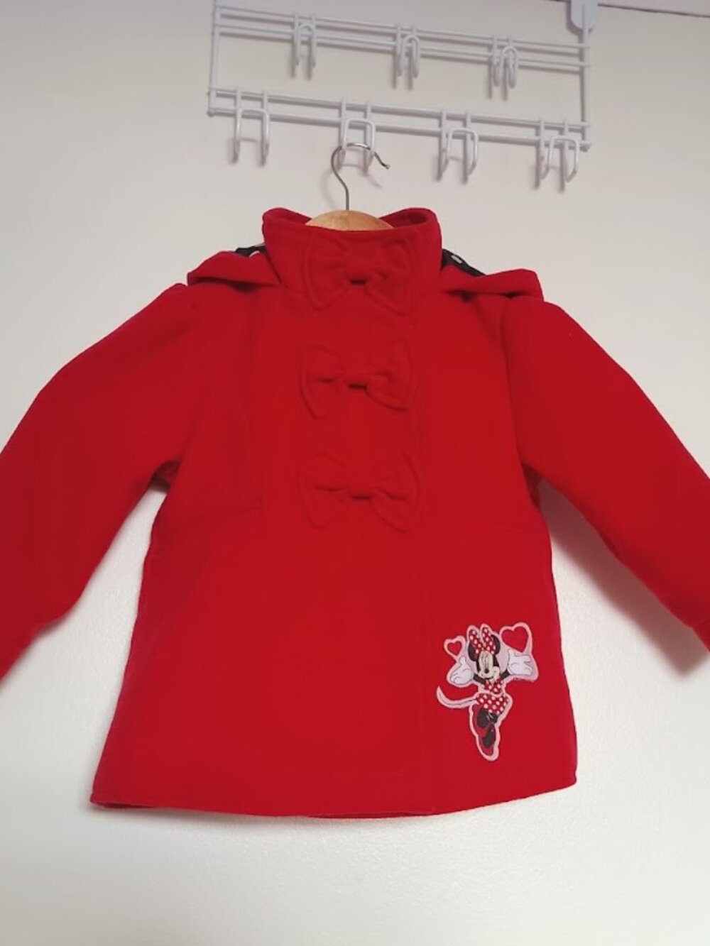 Girls Minnie Mouse Pea Coat with Bows on the Front, Red, Sz 2T
